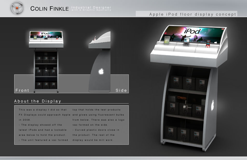 This is a display board for the the design of a retail display for Apple's iPod. Colin Finkle did the industrial design work.