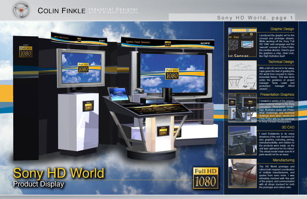 This is a display board for the Sony HD World retail display. There are 3 structures to the retail display: 2 holding TVs and 1 holding a camcorder, Playstation, Blu Ray player and laptop.