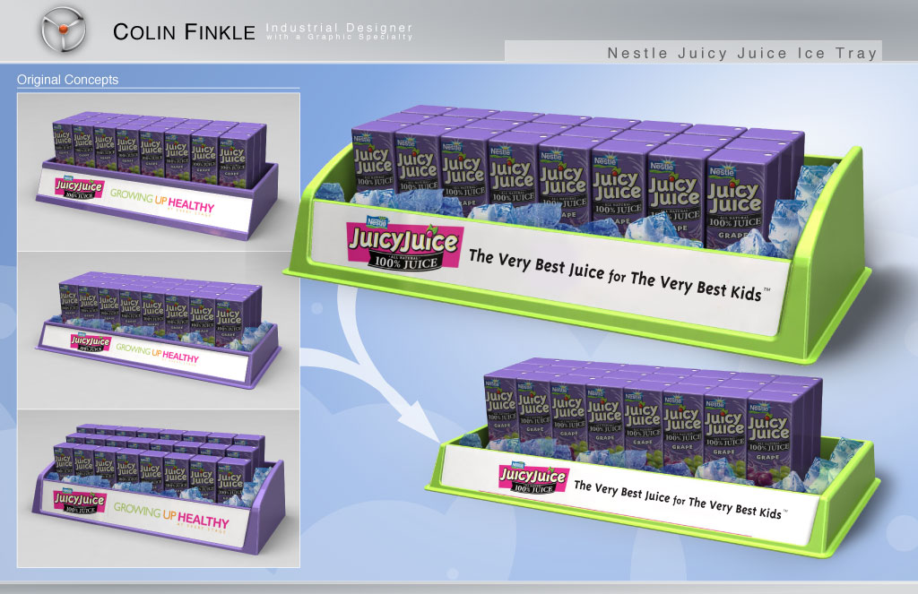 This is a presenttion board showing the concepts of the industrial design of the Nestle Juicy Juice ice tray. The 3 initial concepts are in purple and the 2 updated ones are in green