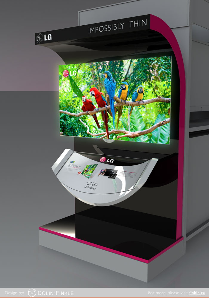 LG Endcap design by Colin Finkle. OLED TV displaying parrots. Curved dish suspending a glass panel with graphics