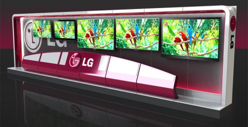 LG TV Wall as it would be in a Best Buy. Design by Colin Finkle. White frame with gark grey backgrounds. TVs have pictures of parrots to show off colour.