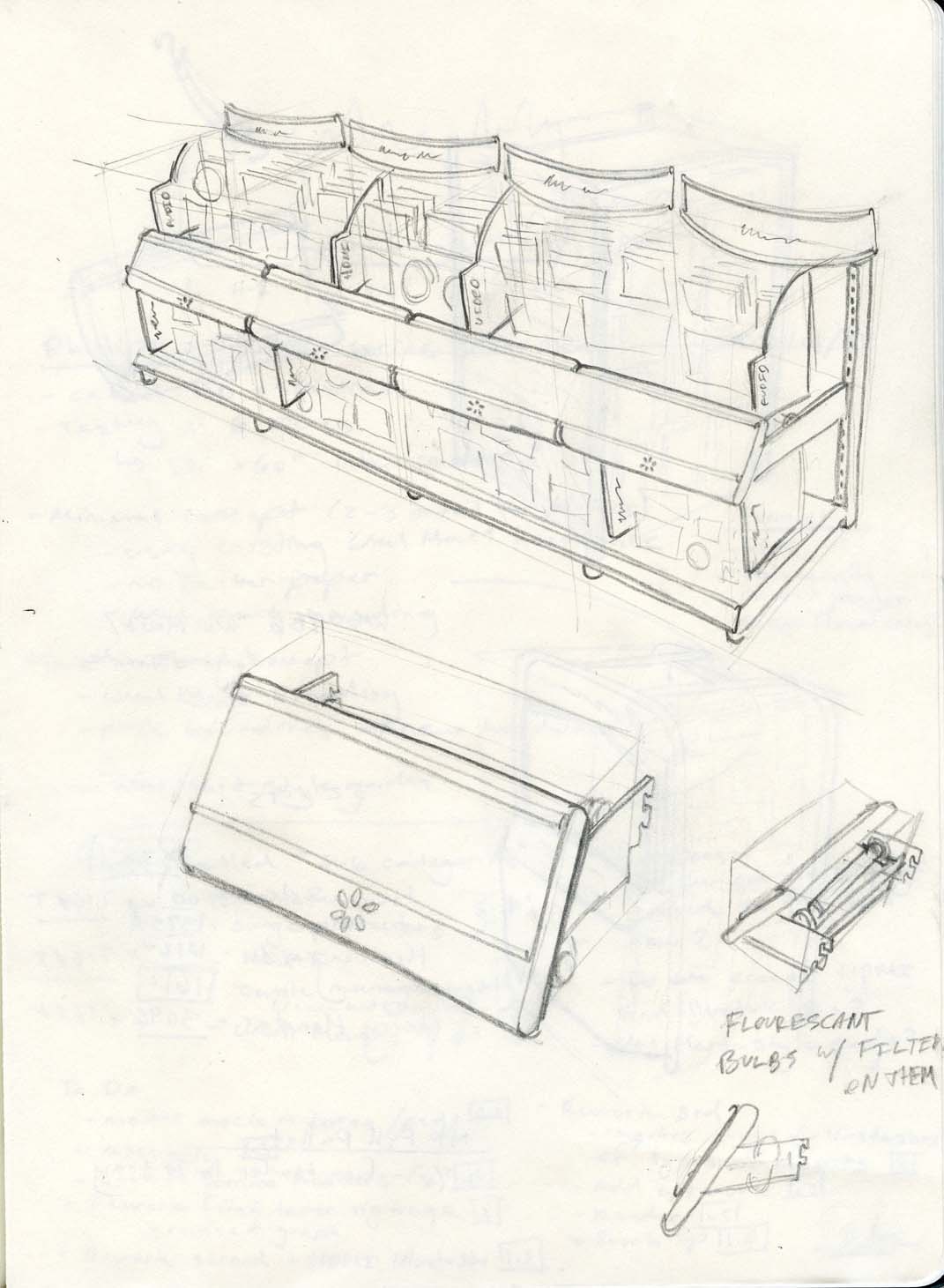 Industrial design sketching page by Colin Finkle for Walmart retail section