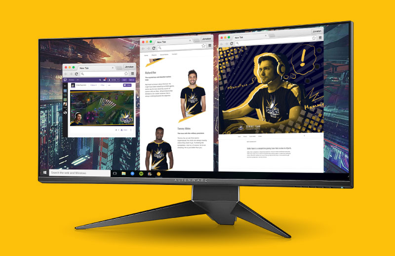 Alienware monitor with website, and Twitch page for the eSports team: Strike Team