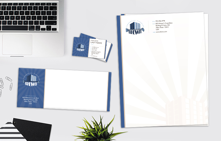 Graphic design for the business card, envelope, and letterhead for a cleaning company: BH Wit