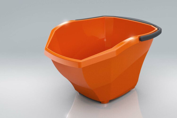 Orange pail with grey handle.