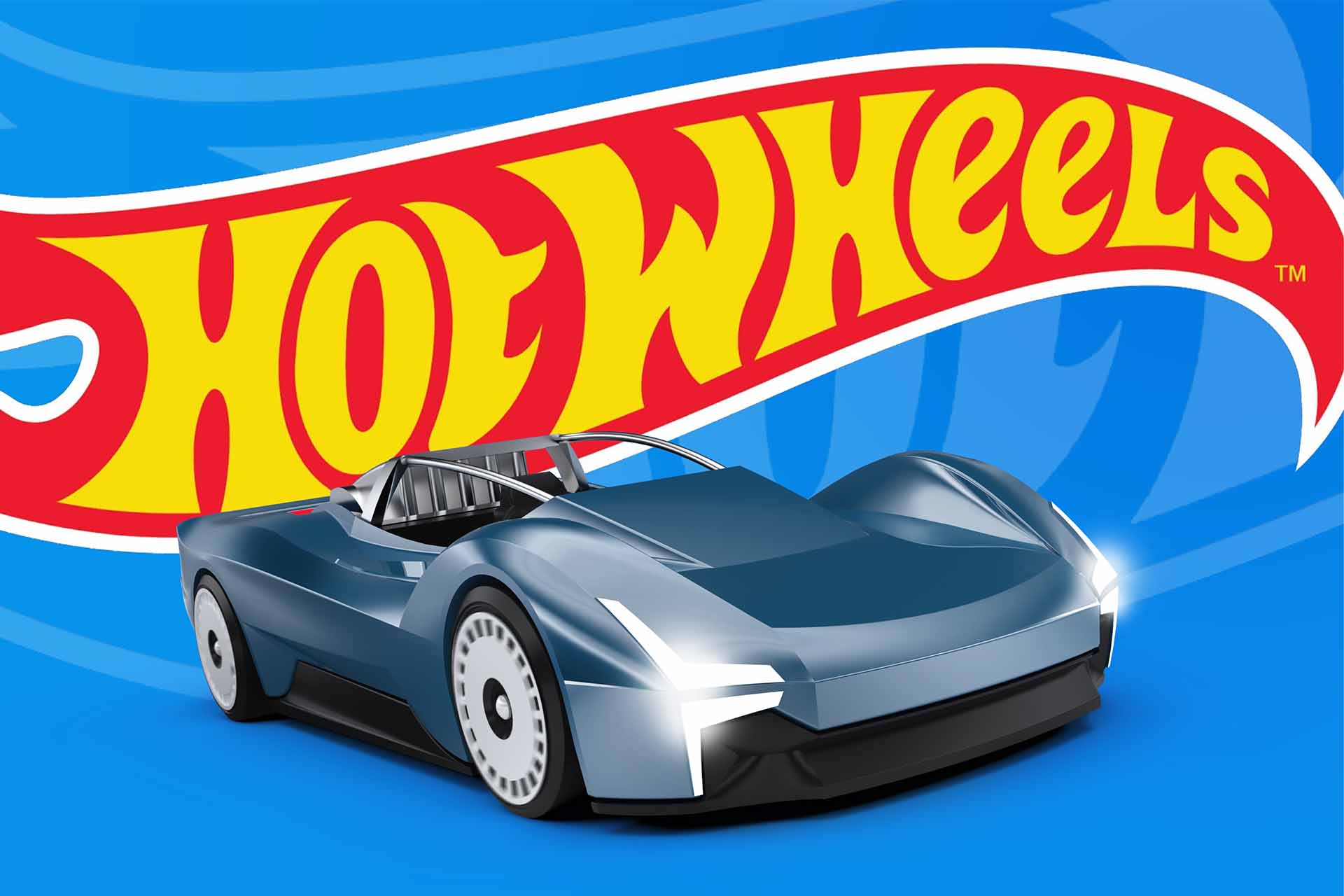 Hot Wheels logo with car design underneath. Hot Wheels car is a blue hypercar called the Polestar Circuit Charger. It is a front three quarters shot at an angle.