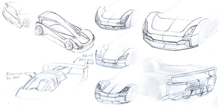 Sketches of a Polestar hypercar by Colin Finkle for the Polestar Design Contest 2024. Industrial design sketches over Solidworks 3D models.
