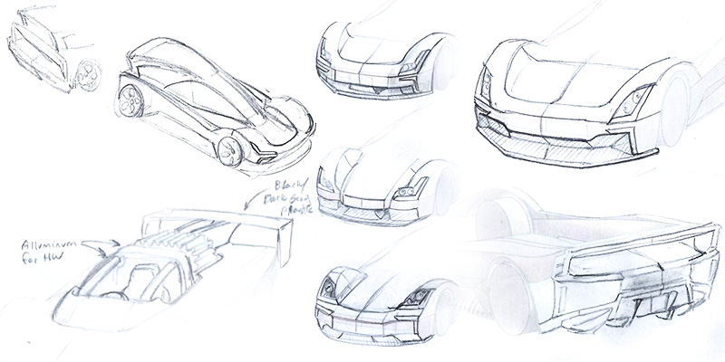 Sketches of a Polestar hypercar by Colin Finkle for the Polestar Design Contest 2024. Industrial design sketches over Solidworks 3D models.