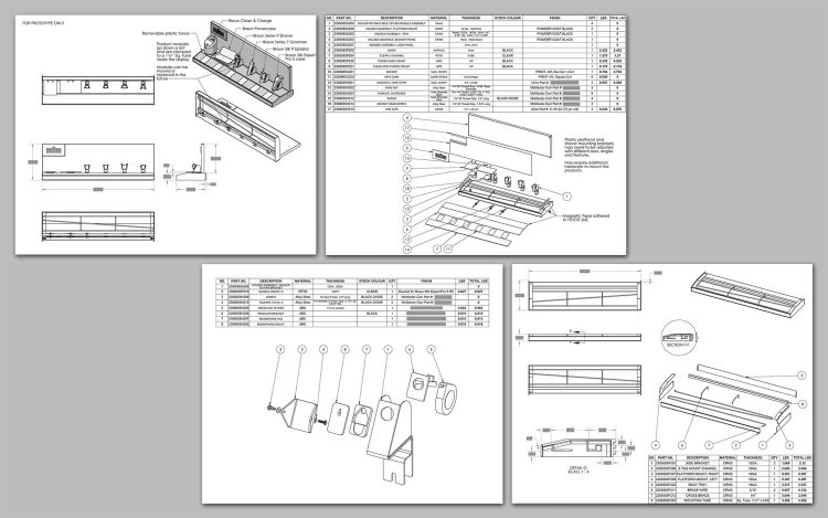 Engineering drawing sheet for a Braun retail display prototype, featuring four detailed views and two comprehensive parts lists. The drawings include exploded views, dimensional annotations, and assembly instructions. Materials listed include powder-coated cold rolled steel (CRS), acrylic, ABS plastic, PETG, and alloy steel, with finishes such as clear, black, and multilayer car paint. Each part is labeled with its number, description, material, thickness, color, quantity, and weight.