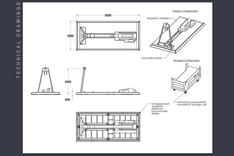 First page of the technical drawings for the Canadian Tire eBike Demo Platform, showing orthographic and isometric views of both the display and storage configurations. The drawings illustrate how four independent steel quadrants surround a stock roller trainer, the placement of magnetic graphic panels, and the custom storage cart with permanently mounted instructions for seasonal changeover.