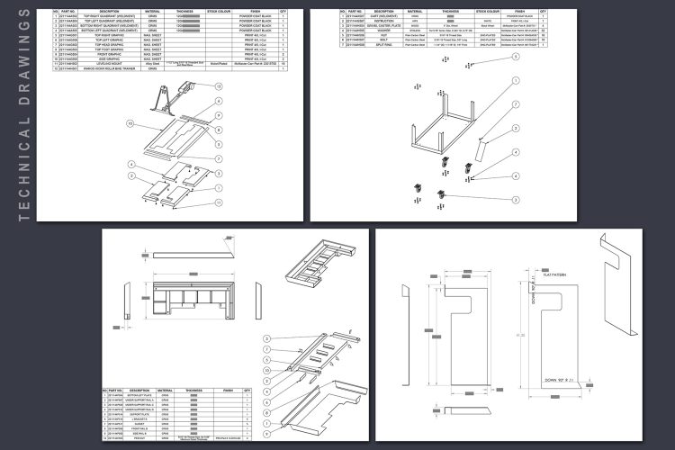 Sample pages from the technical drawing package for the Canadian Tire eBike Demo Platform, featuring exploded assembly views with numbered parts, detailed bills of materials, orthographic projections of welded structures, and flat patterns for sheet metal components. These drawings provided precise specifications for fabrication, assembly, and quality control of the modular platform and storage cart.