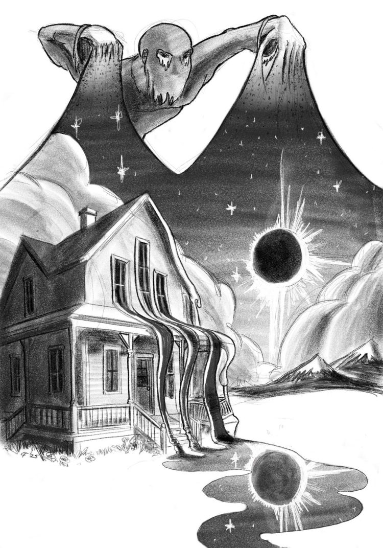 A surreal black-and-white illustration of a dreamlike landscape. A hooded figure pours sand from his fingers to reveal a star-speckled scene that resemble mountains, revealing a solar eclipse. Below, a house melts into a reflective pool of liquid that mirrors the eclipse, blending cosmic and earthly elements. A piece of Art by Colin Finkle.