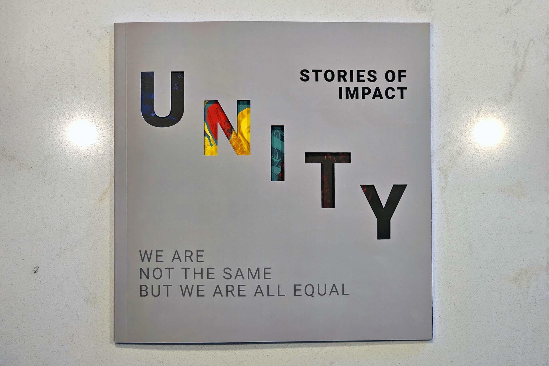 Book cover with the title “UNITY: STORIES OF IMPACT” in colorful patterned letters on a gray background.