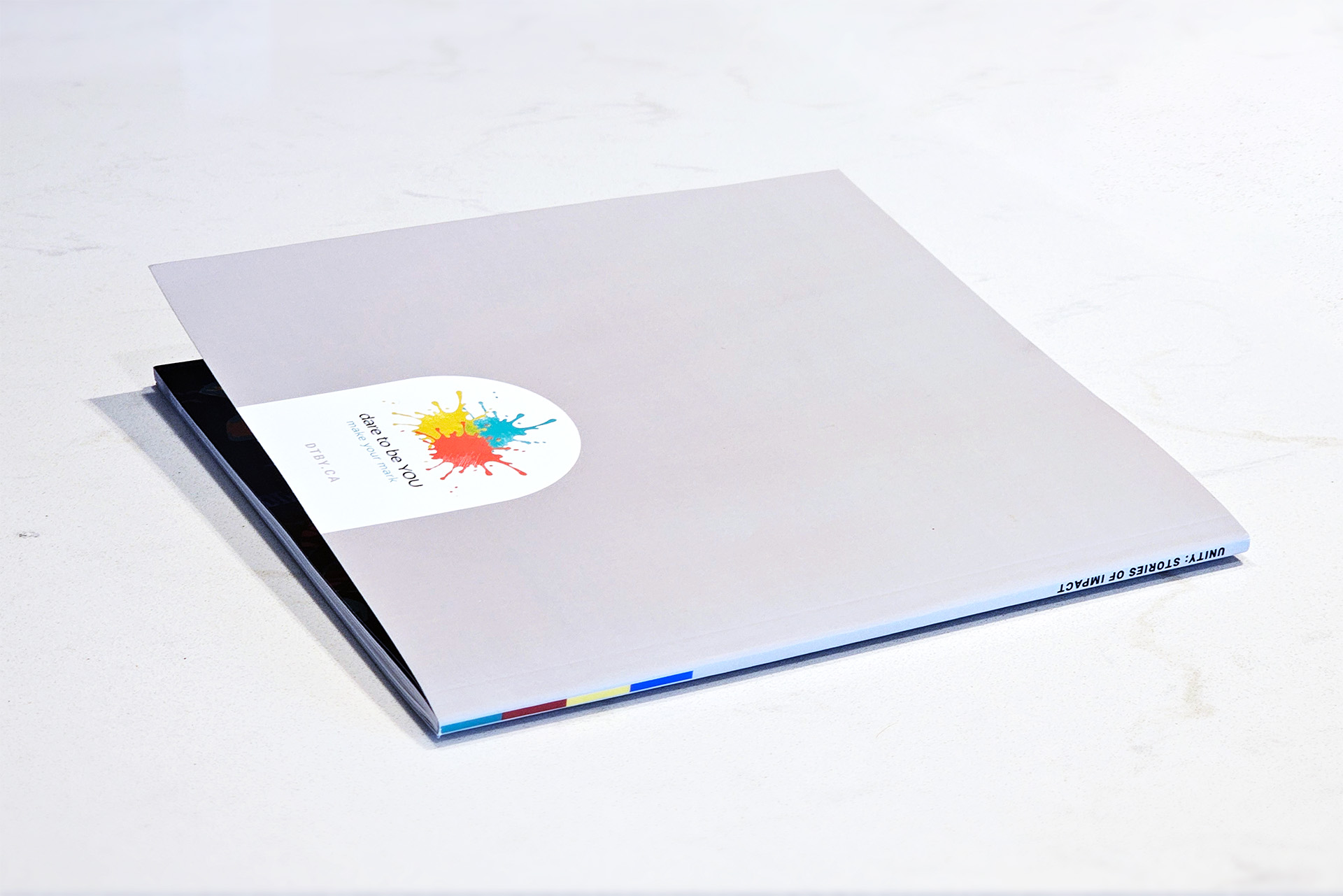 Gray booklet cover with colorful paint splashes and the text “Make an Impact,” spine labeled “UNITY: STORIES OF IMPACT.”