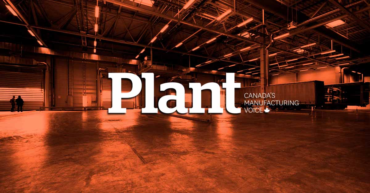 Logo: Plant, Canada's Manufacturing Voice. Manufacturing facility background coloured orange