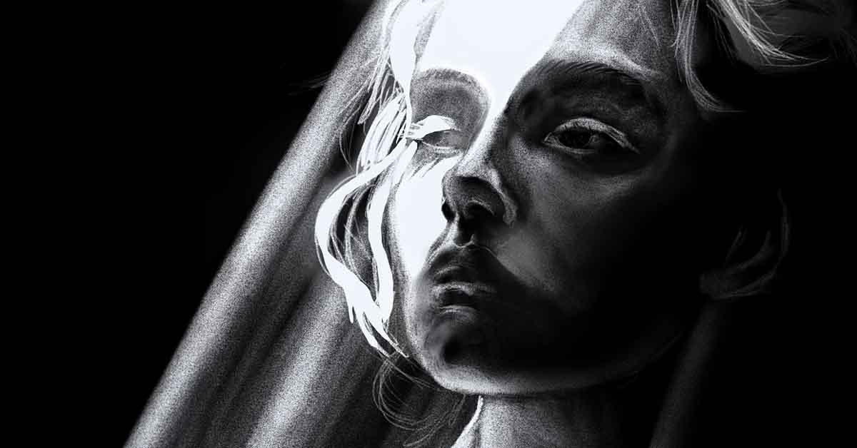 Cropped art of a woman with light cast across her face.