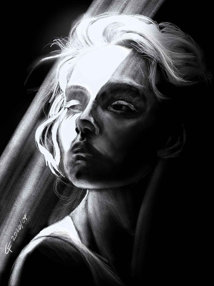 A high-contrast digital portrait rendered in black, white, and grey on a black canvas. A woman's face is turned slightly upward, with a dramatic diagonal shaft of bright white light cutting across the left side of her face and hair, leaving the right side receding into deep shadow. The light catches loose strands of hair and the edge of her cheek and collarbone, while her features — rendered in soft charcoal tones — emerge gradually from the darkness. Signed CF 2026/04 in the lower left corner. By artist Colin Finkle.