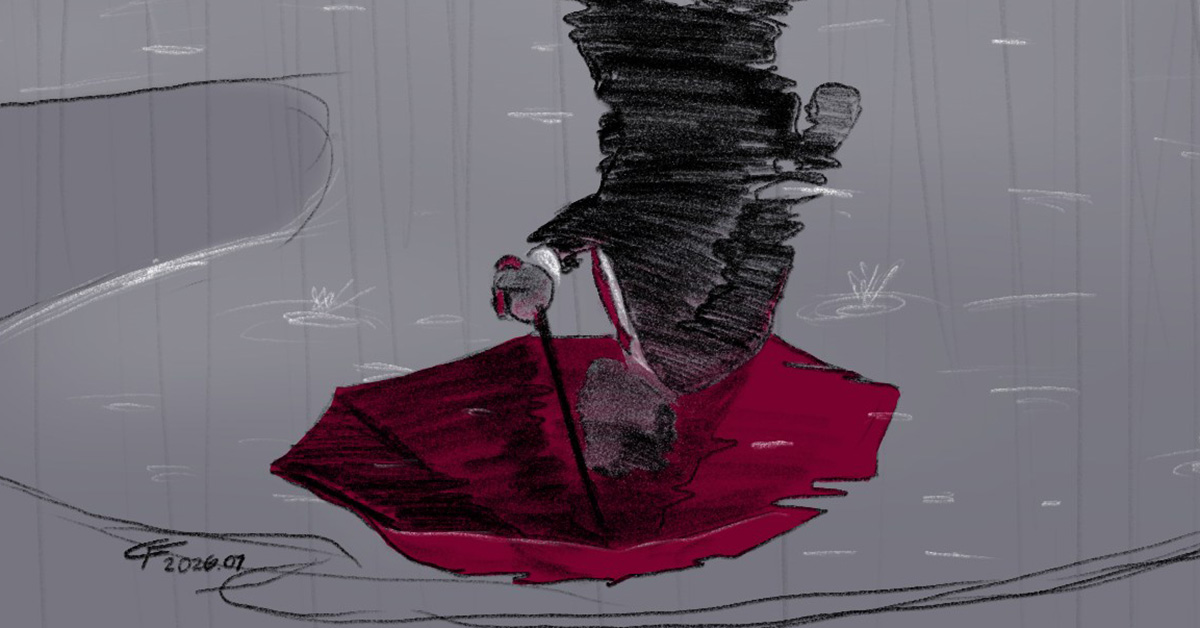 Surreal graphite and crimson illustration where the reflection has a body but the world above it doesn't. Original artwork by Colin Finkle.