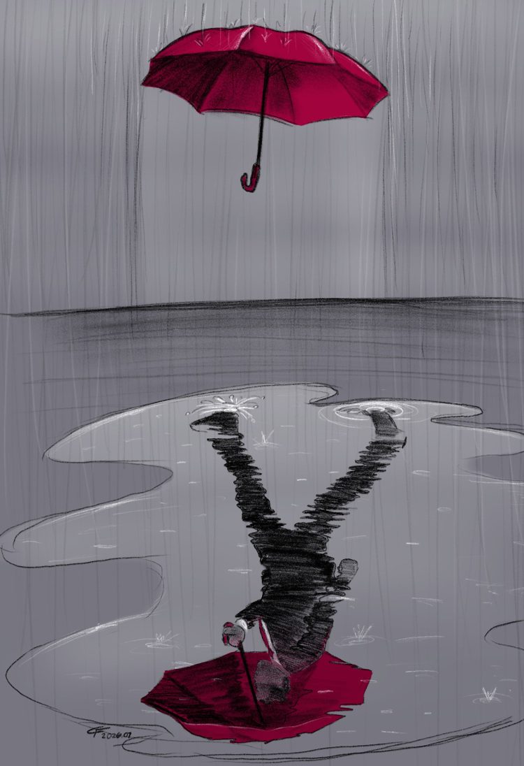 Charcoal-style illustration of a red umbrella floating alone in grey rain, with the reflection below showing an upside-down figure in a dark coat holding it, walking beneath the water's surface. By Colin Finkle.
