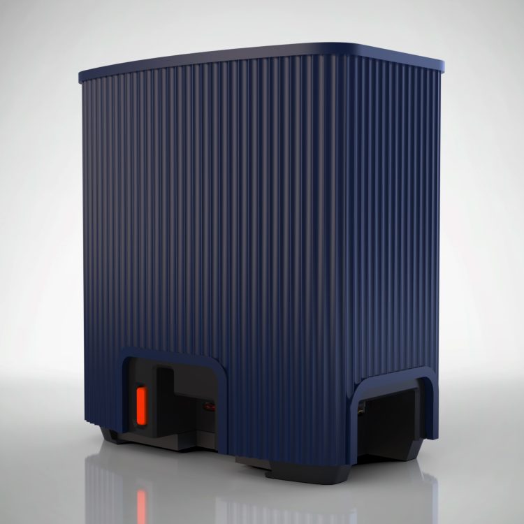 Rendered rear three-quarter view of a navy-blue ridged enclosure on a reflective white floor. Two rounded cut-outs at the base reveal black internals. The left one holds a bright orange power-button tab beside the Pi's connectors, and the right one opens onto more ports. A black base shows below the shroud.