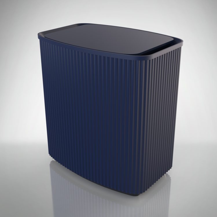 Rendered three-quarter view from above of a navy-blue ridged enclosure on a reflective grey surface. A raised, rounded rim surrounds a recessed dark top panel, and a thin black base is visible at the bottom.