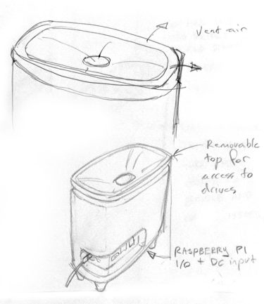 Pencil sketch of a rounded-rectangle tower in two views. The upper close-up shows a raised top rim, a central oval vent and an arrow labelled "Vent air". The lower view shows the full tower on small feet with notes reading "Removable top for access to drives" and "Raspberry Pi I/O + DC input" pointing at a low cut-out.